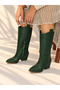 Limona Emerald Green Patent Leather Straw Patterned 6 cm Heel Women's Boots
