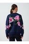 Navy Blue Floral Patterned Round Neck Knitwear Cardigan - 6