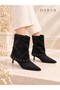 Lucia Women's Black Suede Look Metal Ring Detailed Pointed Toe 5 cm Thin Heeled Short Boots Bootie