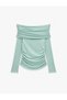 Slim Fit Draped Long Sleeve Wool Blend Off-Shoulder Blouse - 2