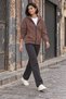 Hooded Fleece Inside Full Zipper Pocketed Winter Sweatshirt Brown Women's Cardigan
