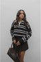 Women's Coffee Colored Striped Polo Collar Oversized Sweater - 2