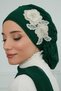 Chiffon Ready-To-Wear Turban with Side Ruffles and Floral Accessories, Ht-102, Ht-102 Dark Green-Gold