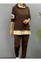 Women's Coffee Hooded Skirt Detail Crest Reverse Stitching Double Suit - 4