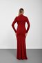 Burgundy High Collar Long Dress with Window Detail and Stone Embroidery - 8