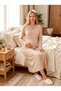 New Season Beige Jacquard Shawl Collar Full Length Winter Breastfeeding Compatible Design Long Sleeve Maternity Pajamas Nightgown Set - 2