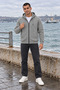 Hooded 3 Thread Full Zipper Hooded and Pocketed Winter Men's Gray Sweatshirt