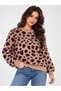 Women's New Season Black Gray Leopard Patterned Soft Textured Crew Neck Knitwear Sweater