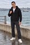 Hooded 3 Thread Full Zipper Hooded and Pocketed Winter Men's Black Sweatshirt