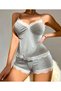 Cotton Lace Embroidered Gray Suspender Shorts Pajamas Set