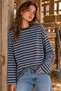Women's Brown Blue Striped Oversize Sweatshirt with Crew Neck - 2
