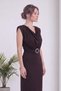 Women's Evening Dress Midi Length Degaje Collar Belted Stone Woven Black, Brown, Burgundy - 3