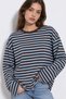 Women's Brown Blue Striped Oversize Crew Neck Long Sleeve T-Shirt