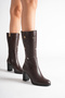 Women's Genuine Leather Star and Laser Cut Detailed Heeled Boots - Brown - 2