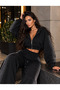 Women's stone print detailed zippered crop sweatshirt and wide leg tracksuit set - 2