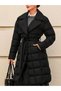 Women's Black Jacket with Collar, Snap Closure, Belted Puffer Coat - 3