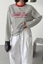 Women's Striped Oversized Printed Crew Neck Long Sleeve Sweatshirt Nbg142 - 5