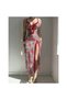 Elegant red lace-trimmed floral long-slit nightgown