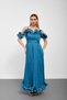 Indigo ruffled chiffon evening dress with flywheel and straps