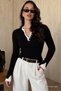 Black Buttoned Collar Long Sleeve Ribbed Slim Fit Women's Bodysuit Mg2729