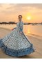Blue & White Floral Lawn Frock with Net Dupatta - HRT101698 | Blue & White-Size:XL-42-Inches - 5