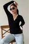 Black Buttoned Collar Long Sleeve Ribbed Slim Fit Women's Bodysuit Mg2729 - 3