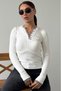 Ecru Buttoned Collar Long Sleeve Ribbed Slim Fit Women's Bodysuit Mg2729 - 2