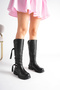 Women's Genuine Leather Drawstring Detailed Buckle Zipper Long Boots - Black - 2