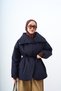 Women's Stand Collar Waist Tie Snap Detail Puffer Coat Navy Blue