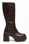 Women's Platform Heeled Boots Brown Side Buckle Faux Leather