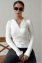 Ecru Buttoned Collar Long Sleeve Ribbed Slim Fit Women's Bodysuit Mg2729 - 5