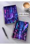 Neon City Themed Set of 2 A5 Metal Spiral-Bound Lined-Checkered Cardboard Covers Neon City Themed Set of 2 A5 Lined-Checkered Notebooks