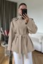Monica Belted Detailed High Collar Stone Color Trench Coat - 2