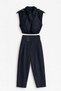 Navy Blue Belted Crop Blouse and High Waist Pants Set - 2