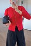 Buttoned Crew Neck Red Slim Knitwear - 4