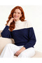 Navy Blue Ecru Color Block Half-Throat Diamond Pattern Bat Sleeve Knitwear Sweater