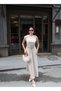 Linda Dress with Fabric Accessories and Belt — Beige - 2