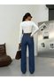 Women's Cross-Closure Detailed Classic Washed Loose Fit Wide Leg Denim Trousers - 2
