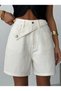 Women's High Waist Jean Shorts with Asymmetrical Cross Button Detail on the Front Denim Bermuda Shorts