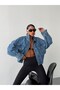 Women's Oversize Double Pocket Crop Denim Jacket Shirt - 7