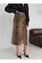 Slit Leopard Printed Pieces Midi Length Denim Skirt - 100% Cotton Pieces - 3