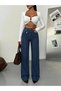 Women's Cross-Closure Detailed Classic Washed Loose Fit Wide Leg Denim Trousers - 3