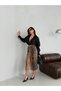 Slit Leopard Printed Pieces Midi Length Denim Skirt - 100% Cotton Pieces - 4