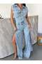 Denim Jumpsuit with Slit Detail, Wide Legs, Stylish Women's Jean Jumpsuit
