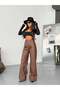 High Waist Wide Leg Leather-Look Brown Trousers - 4