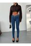 Dark Blue V-Neck Waist Detailed Skinny Jeans