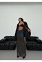 Double Textured Denim Leather Mix Maxi Skirt - Leather Skirt with Denim Detail at the Waist - 2
