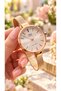 Rose-Colored 30mm Case, Woven Steel Thin Strap (1cm), Women's Wristwatch with Stones + Heart-Shaped Bracelets.