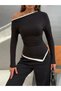 Women's Black Ecru Contrast Piping One-Shoulder Asymmetrical Long Sleeve Viscose Ribbed Blouse - 6