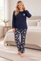 Women's Patterned Large Size Long Sleeve Pajama Set Navy Blue 100% Cotton - 4